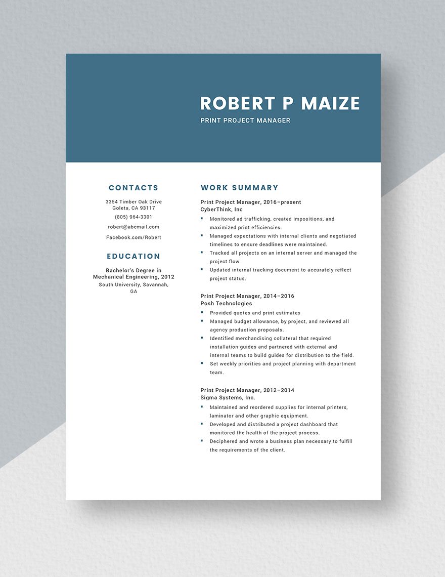 Print Project Manager Resume