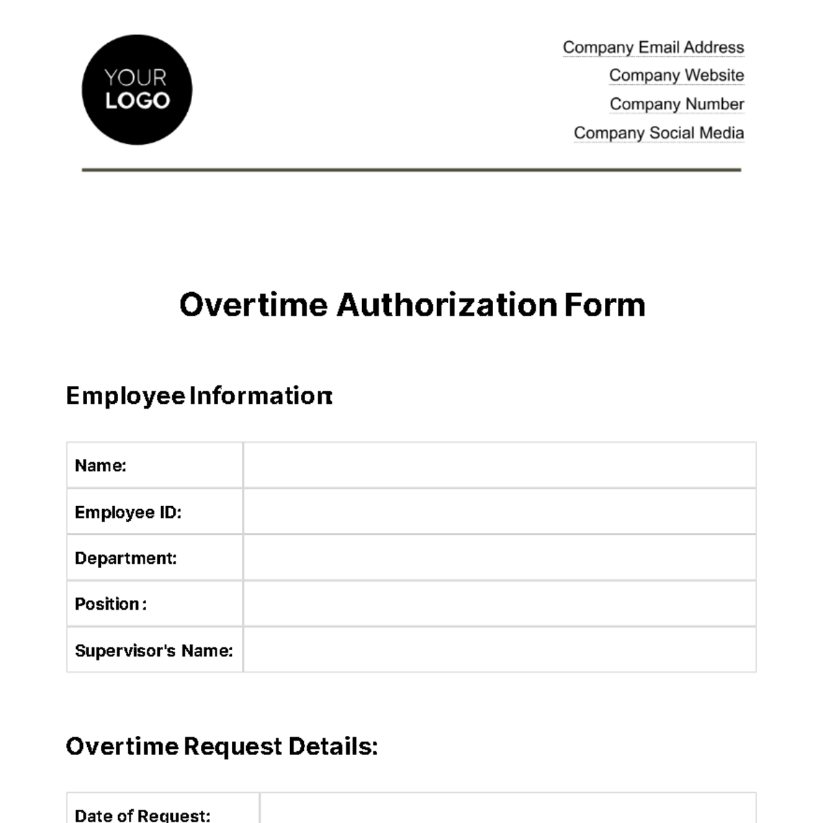 Free Overtime Authorization Form HR Template