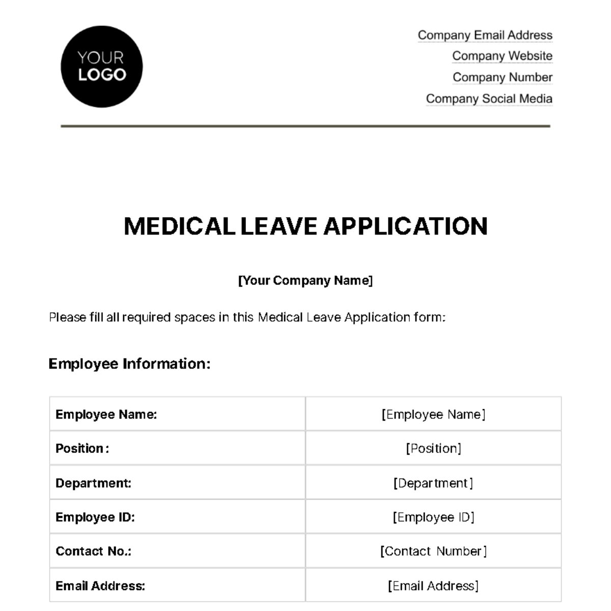 Free Medical Leave Application HR Template