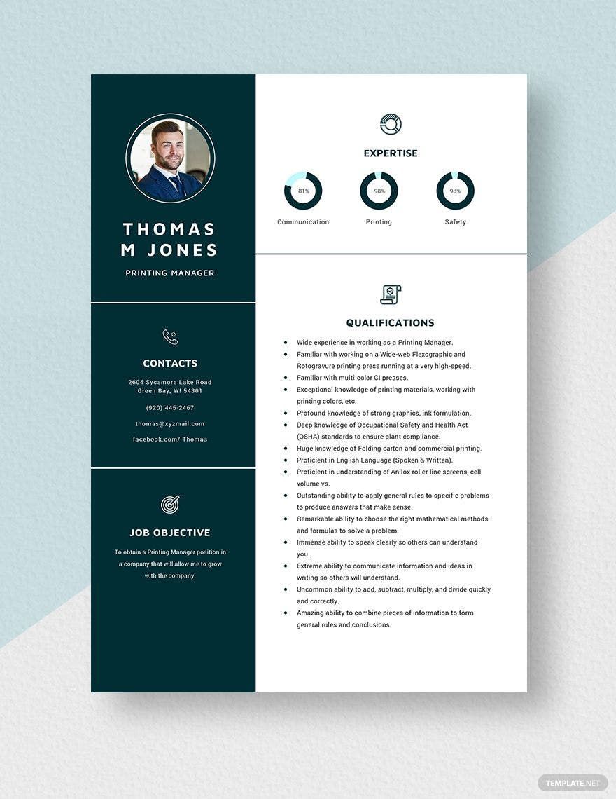Free Printing Manager Resume Template