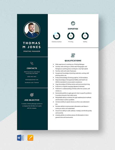 Free Printing Manager Resume Template - Word, Apple Pages
