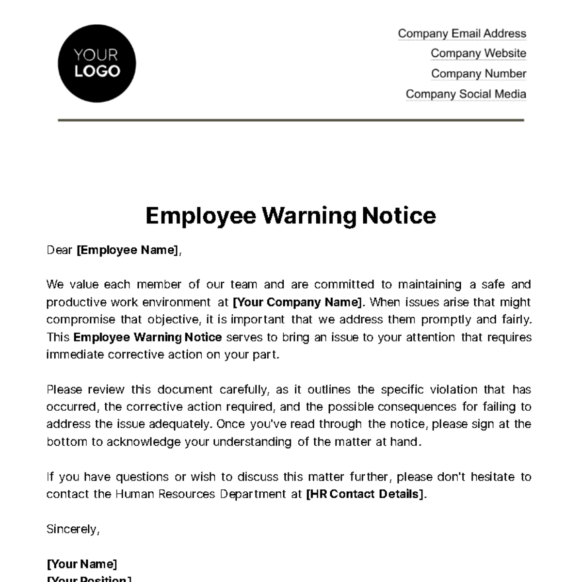 Employee Warning Notice HR Template