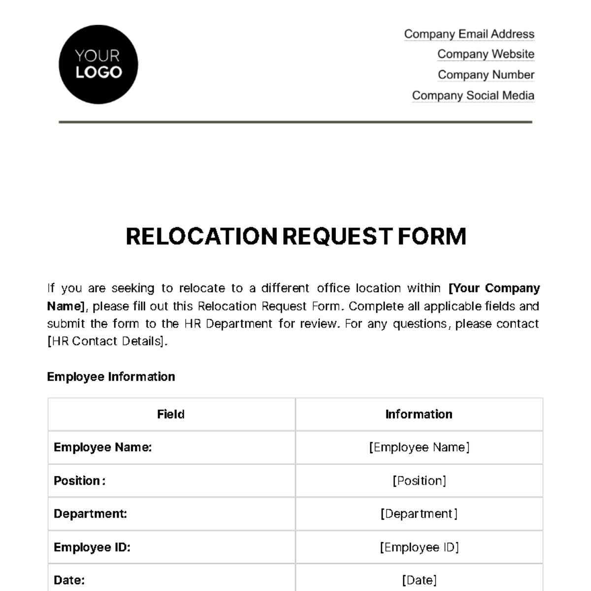 Free Relocation Request Form HR Template