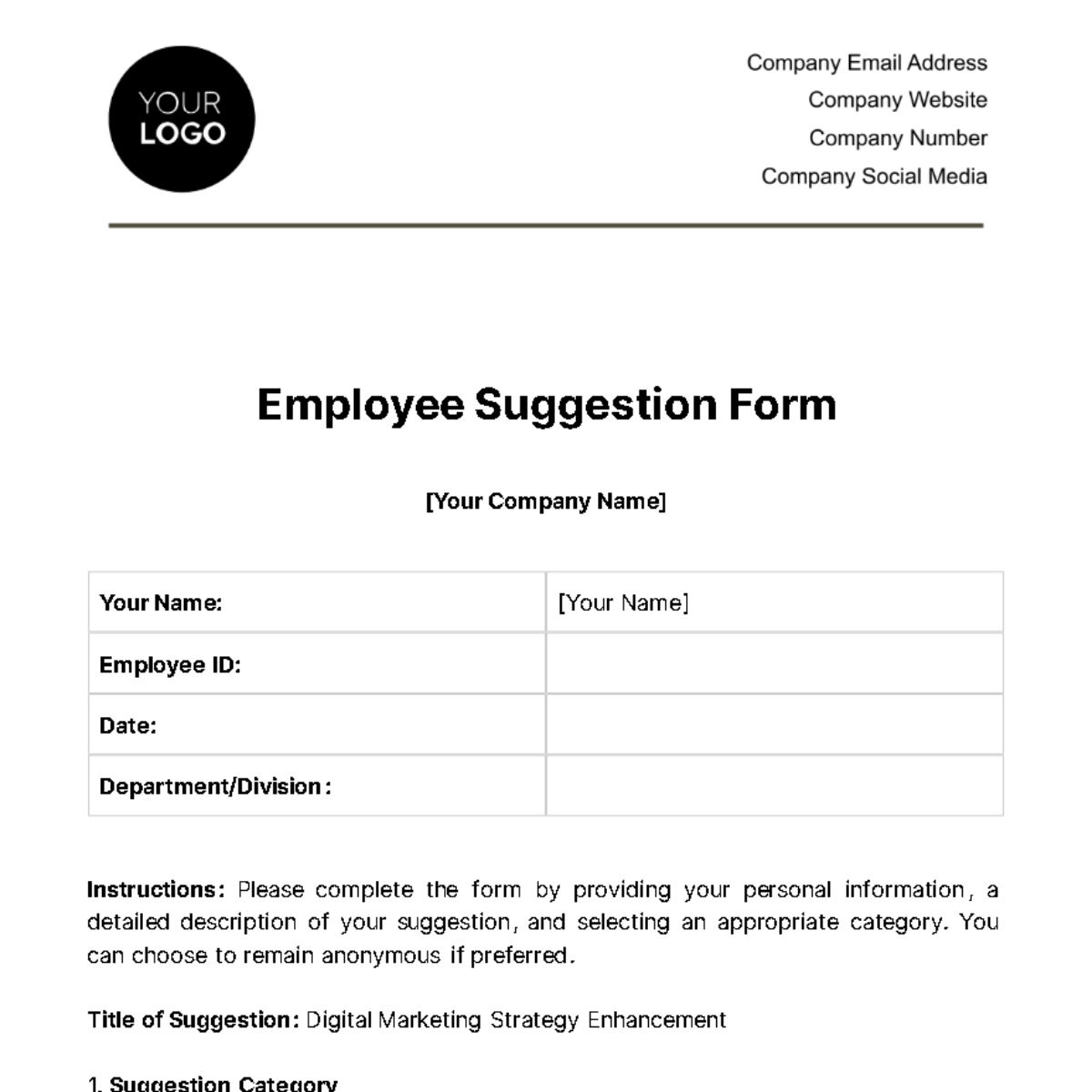 Employee Suggestion Form HR Template
