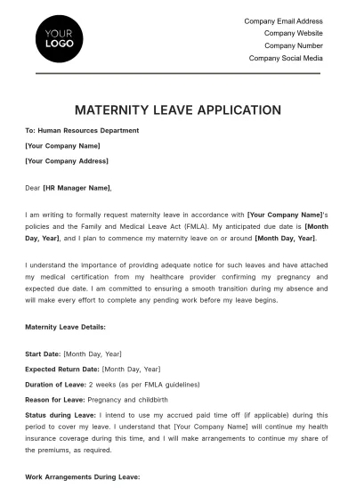 Free Maternity Leave Application HR Template to Edit Online