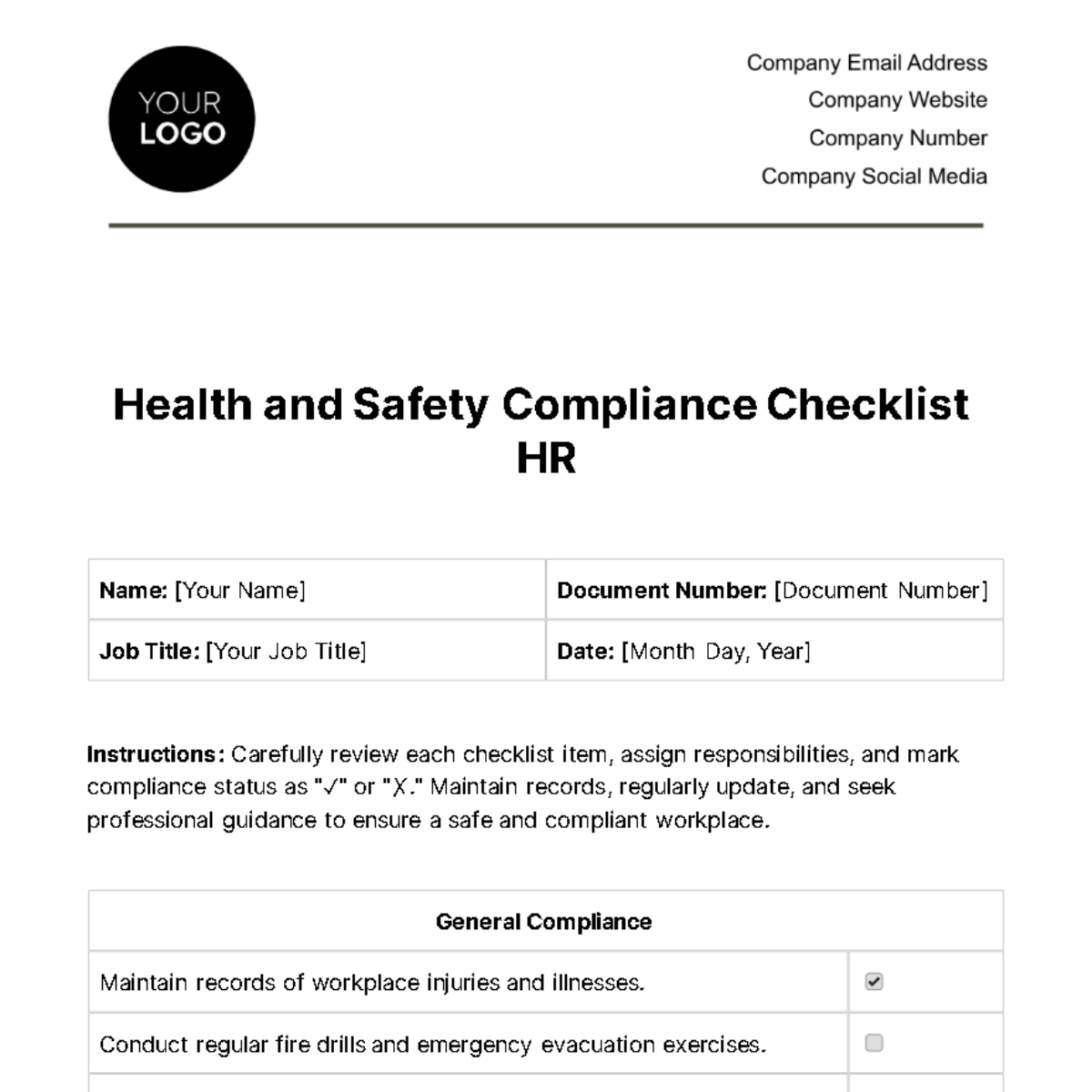 Health and Safety Compliance Checklist HR Template
