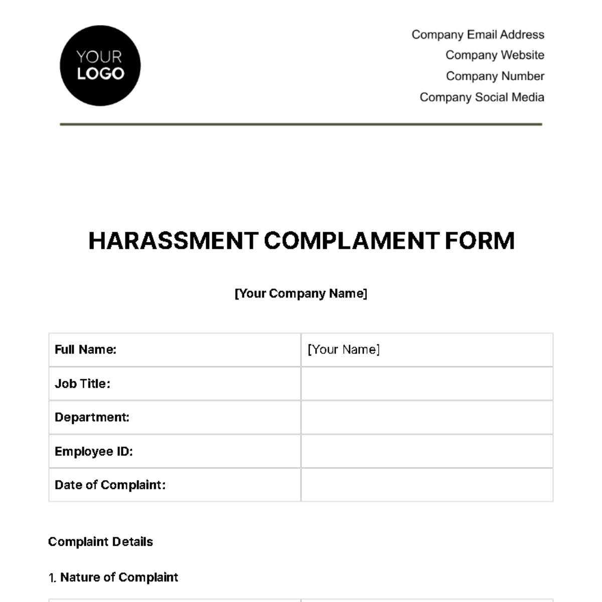Harassment Complaint Form HR Template