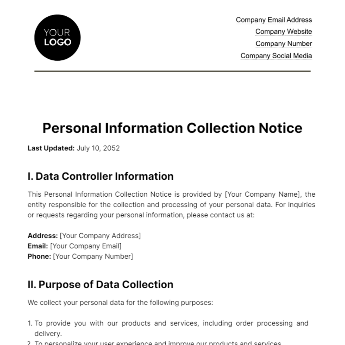Free Personal Information Collection Notice HR Template