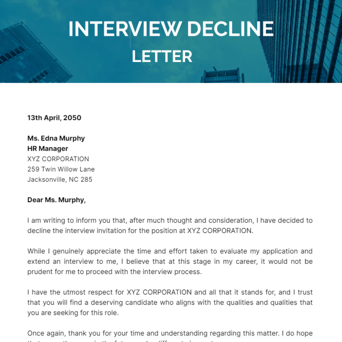 Interview Decline Letter Template Edit Online And Download Example