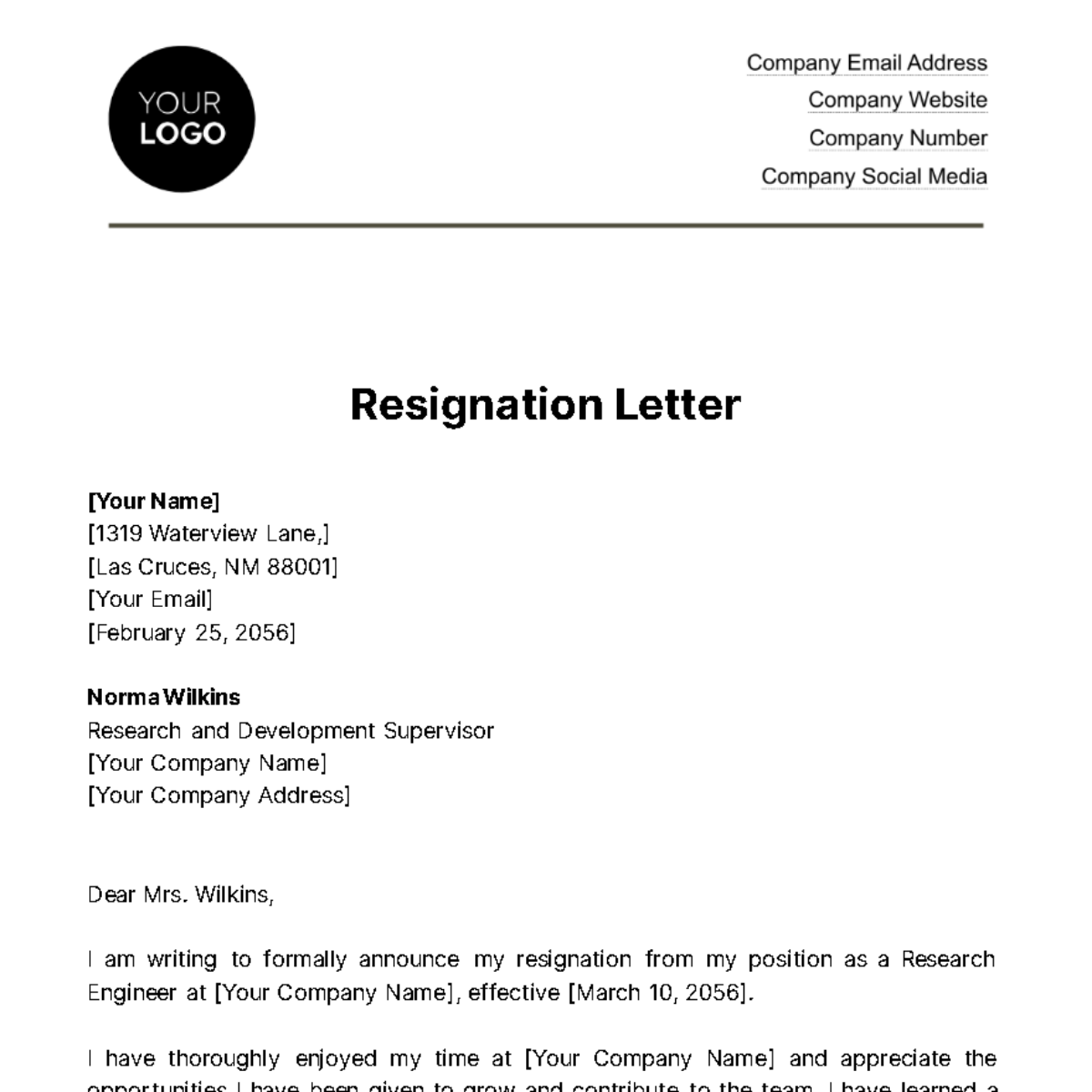 Resignation Letter HR Template