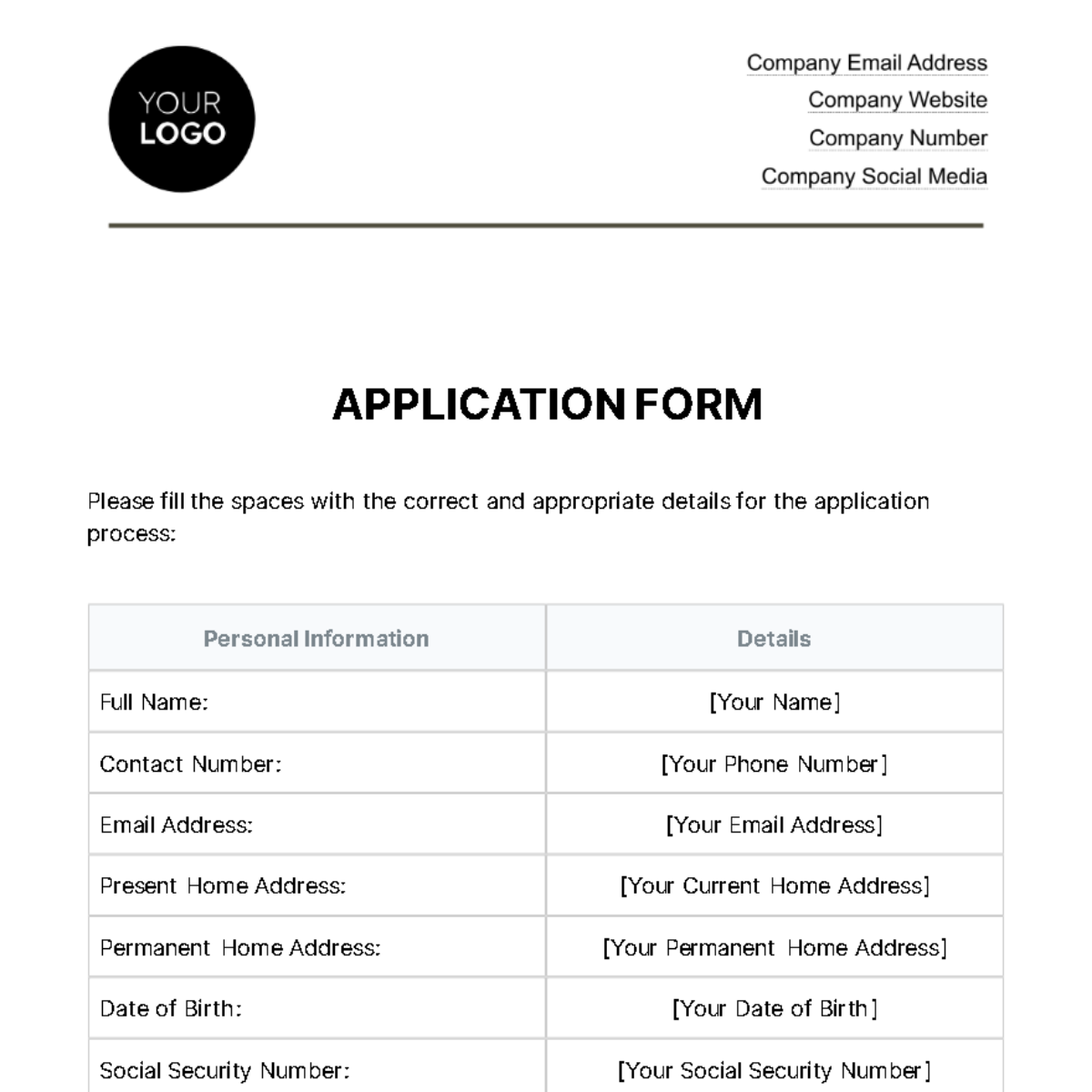 Free Application Form HR Template