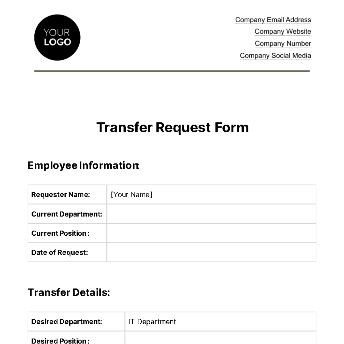 Free Transfer Request Form HR Template