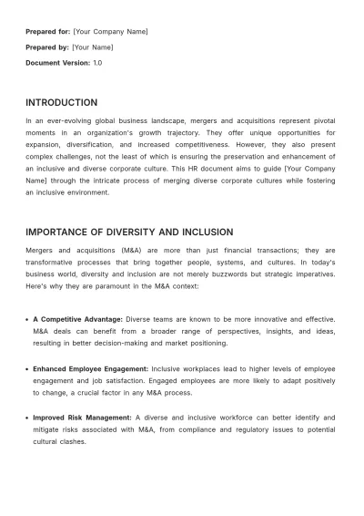 Free Diversity and Inclusion Best Practices in Mergers and Acquisitions HR Template to Edit Online