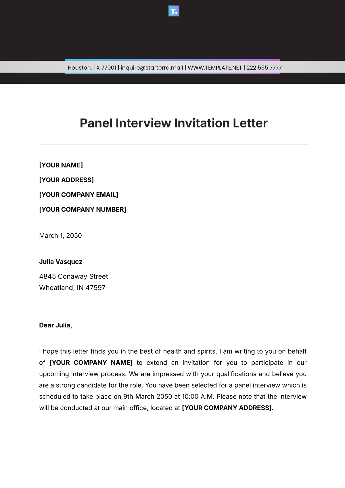 Panel Interview Invitation Letter Template - Edit Online & Download