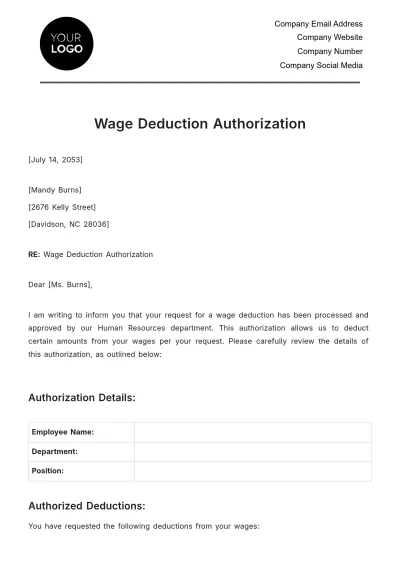 Free Wage Deduction Authorization HR Template to Edit Online