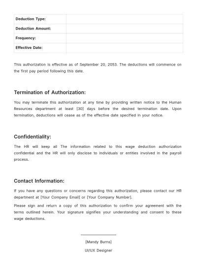 Free Wage Deduction Authorization HR Template to Edit Online