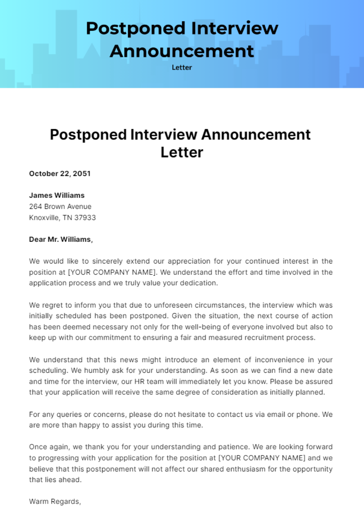 Postponed Interview Announcement Letter Template - Edit Online & Download