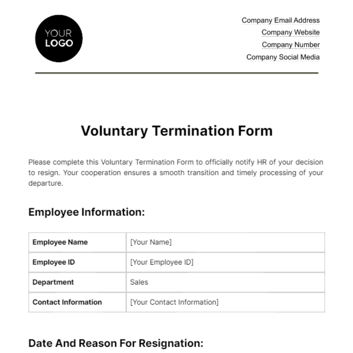 Voluntary Termination Form HR Template