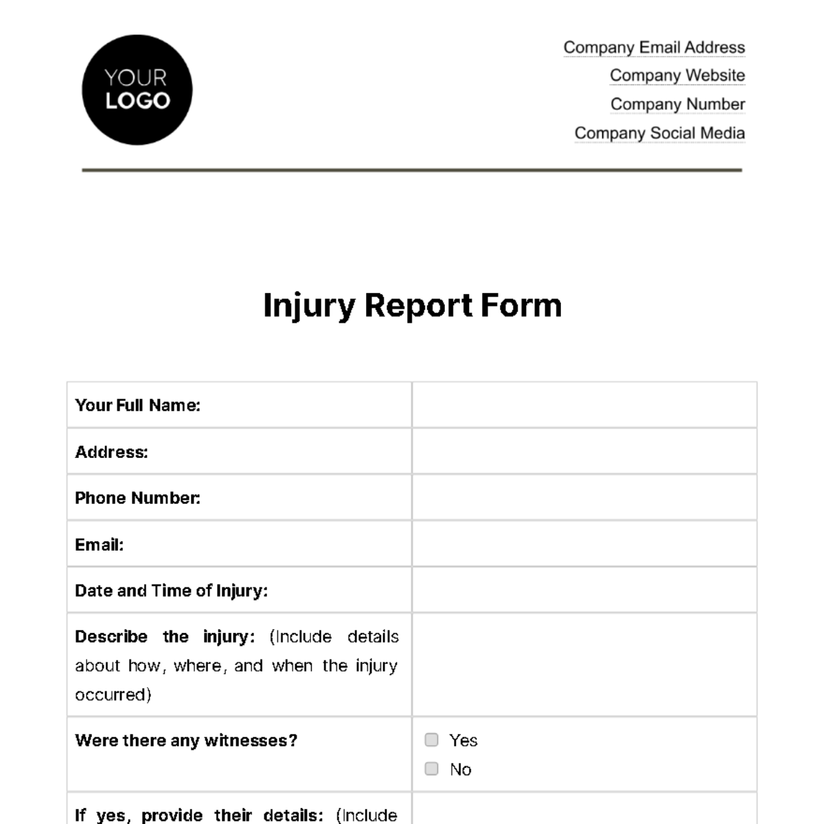 Free Injury Report Form HR Template