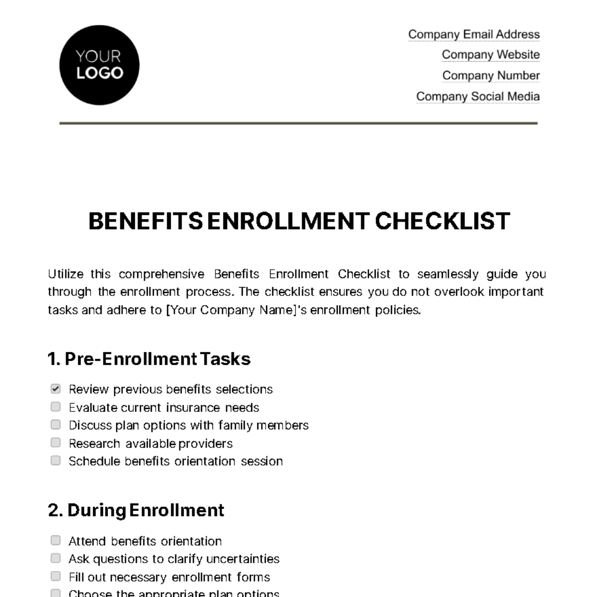 Benefits Enrollment Checklist HR Template