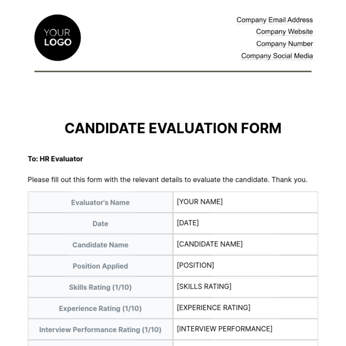 Free Candidate Evaluation Form HR Template