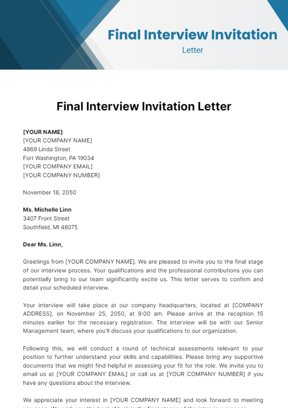 Free Final Interview Invitation Letter Template to Edit Online