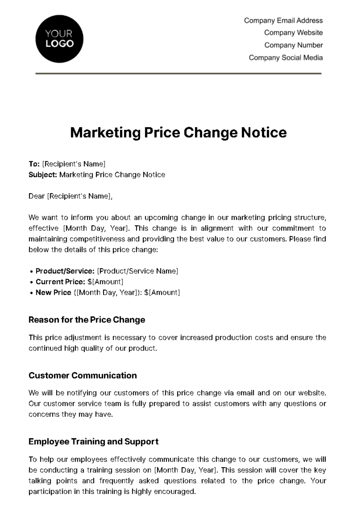 Marketing Price Change Notice Template