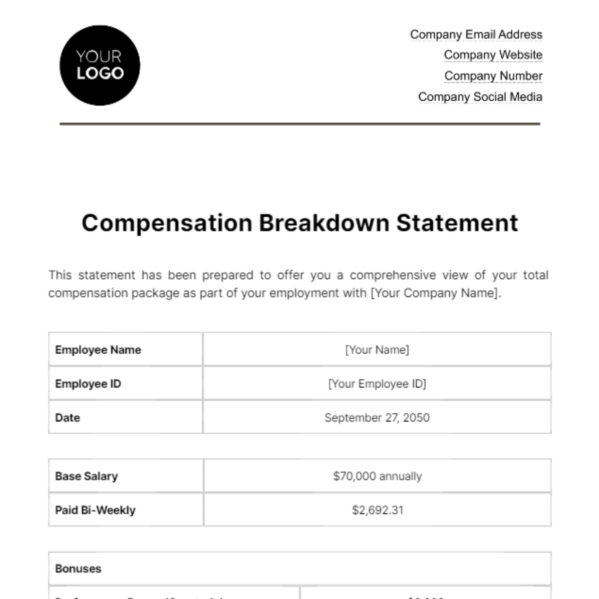 Free Compensation Breakdown Statement HR Template