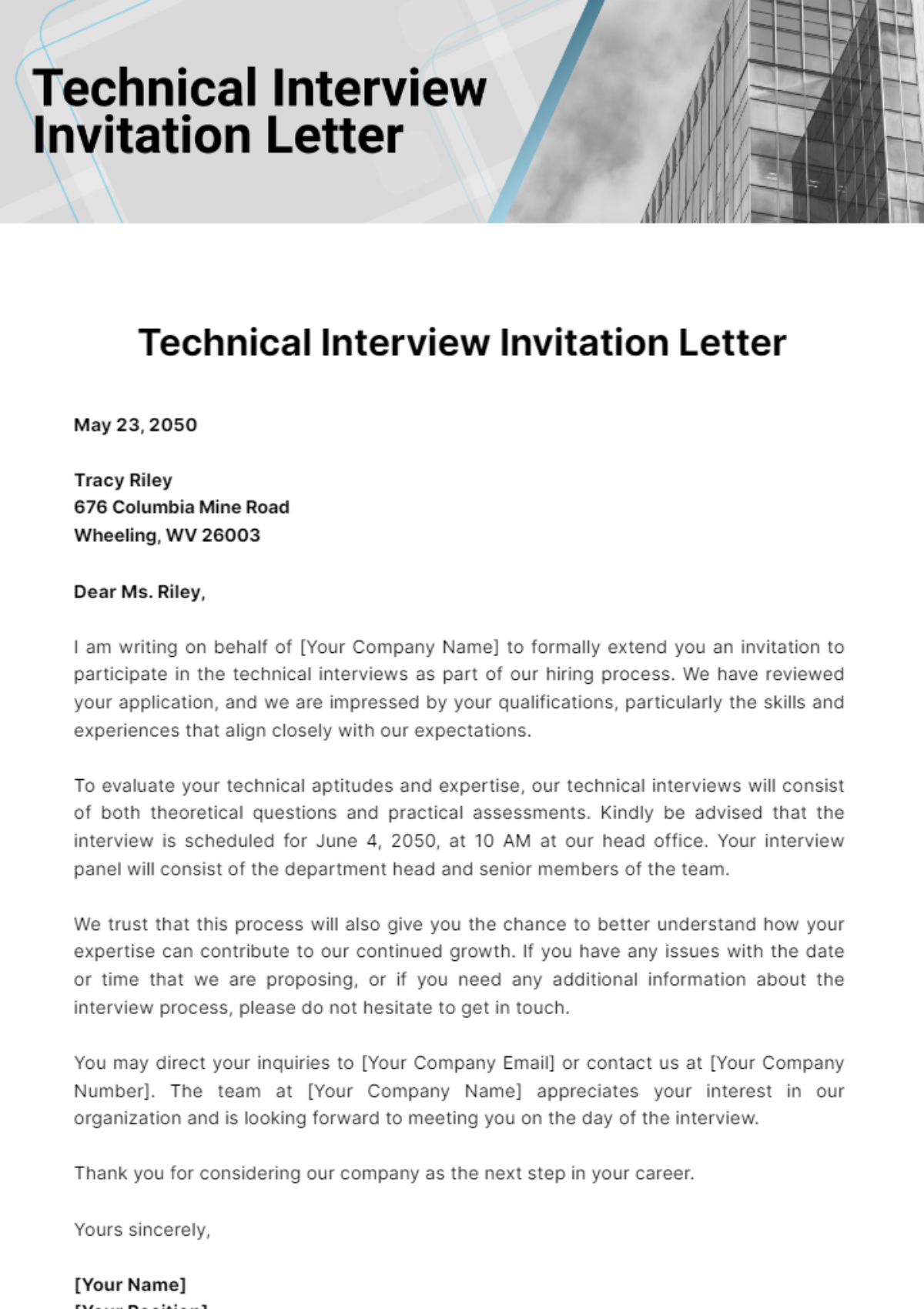 Technical Interview Invitation Letter Template - Edit Online & Download