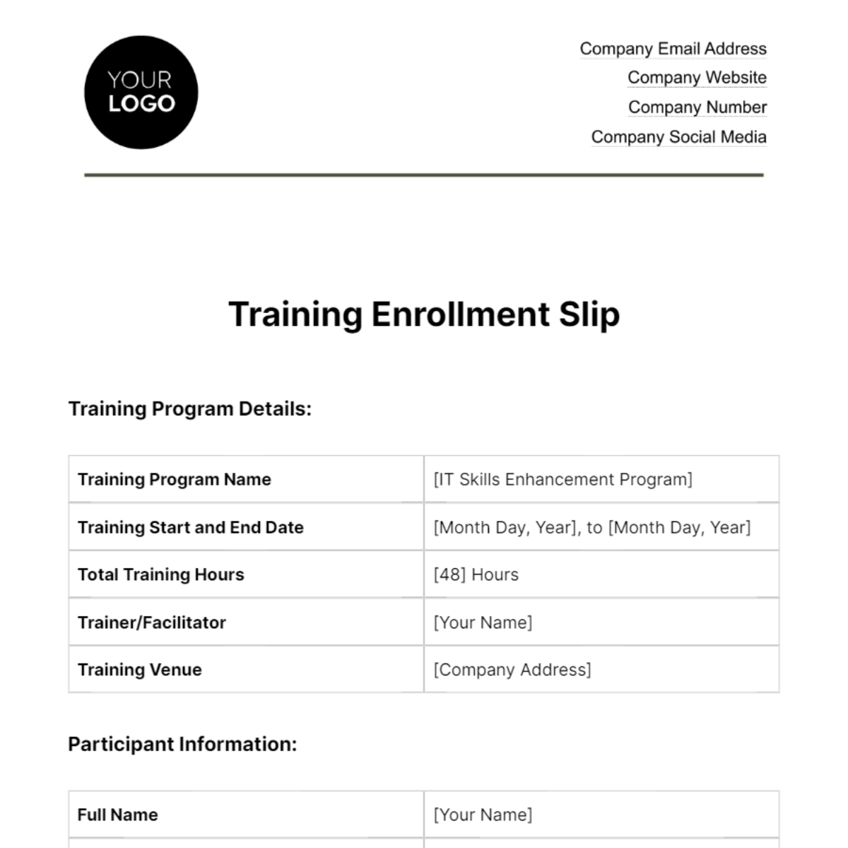 Training Enrollment Slip HR Template