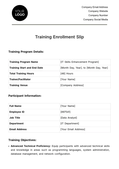 Free Training Enrollment Slip HR Template to Edit Online