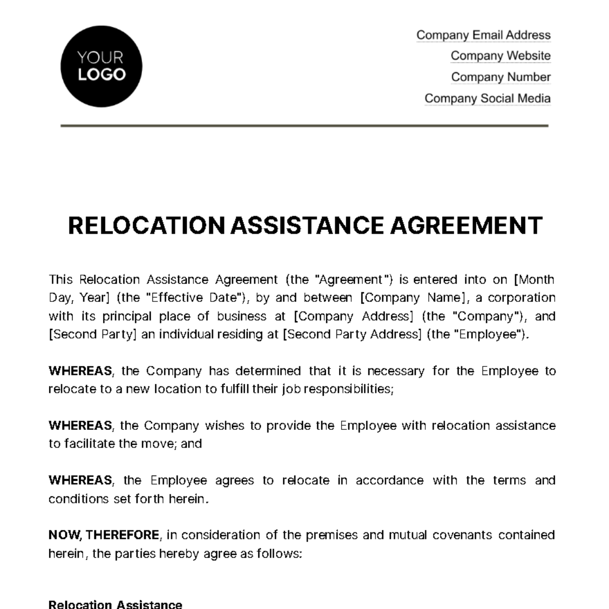 Relocation Assistance Agreement HR Template