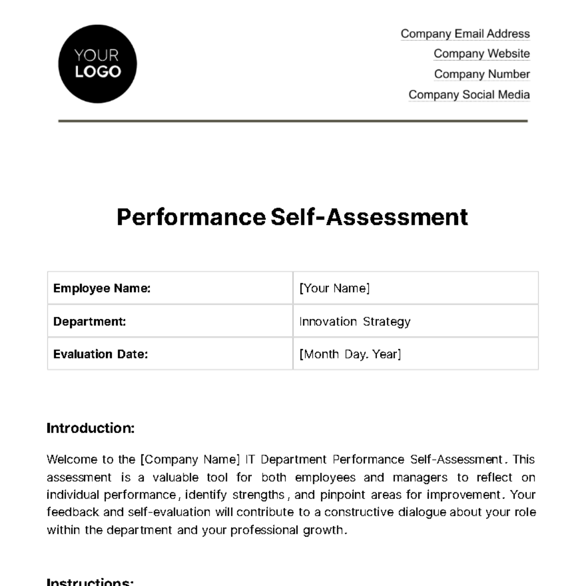 Free Performance Self-Assessment HR Template