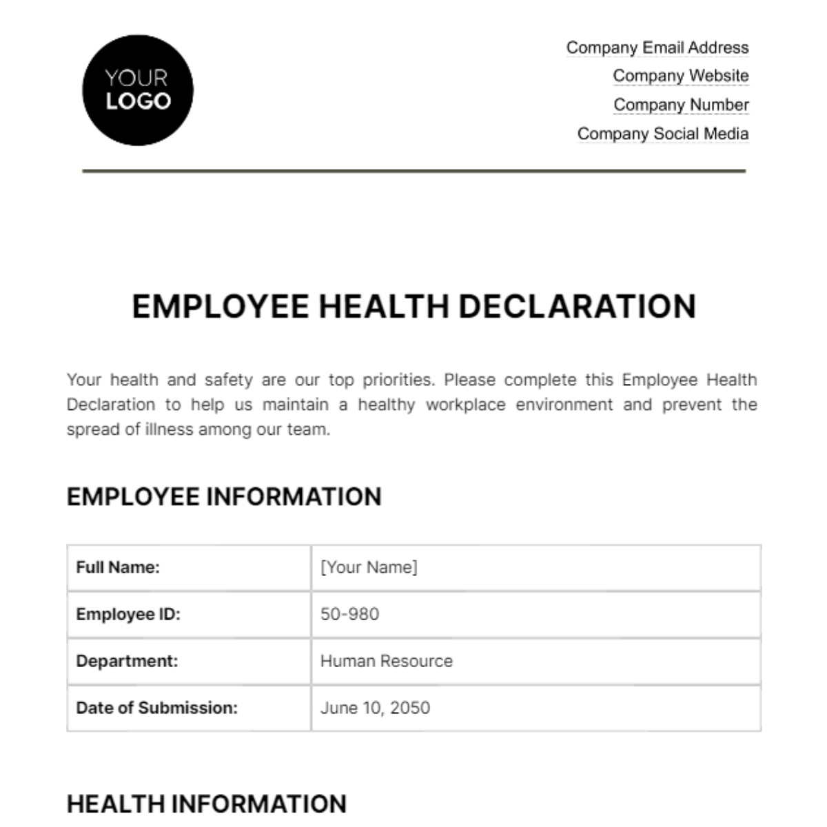 Free Employee Health Declaration HR Template