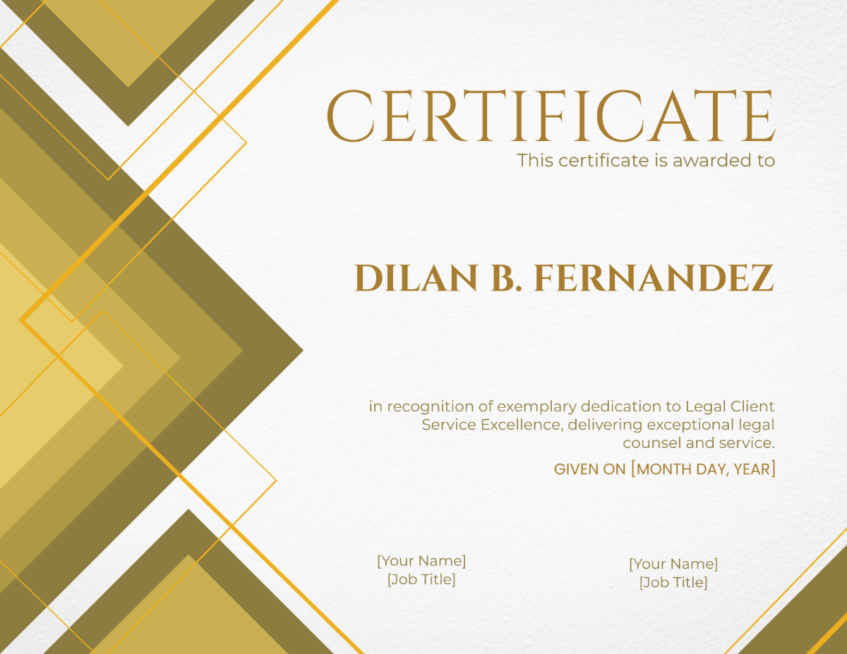 Legal Client Service Excellence Certificate Template