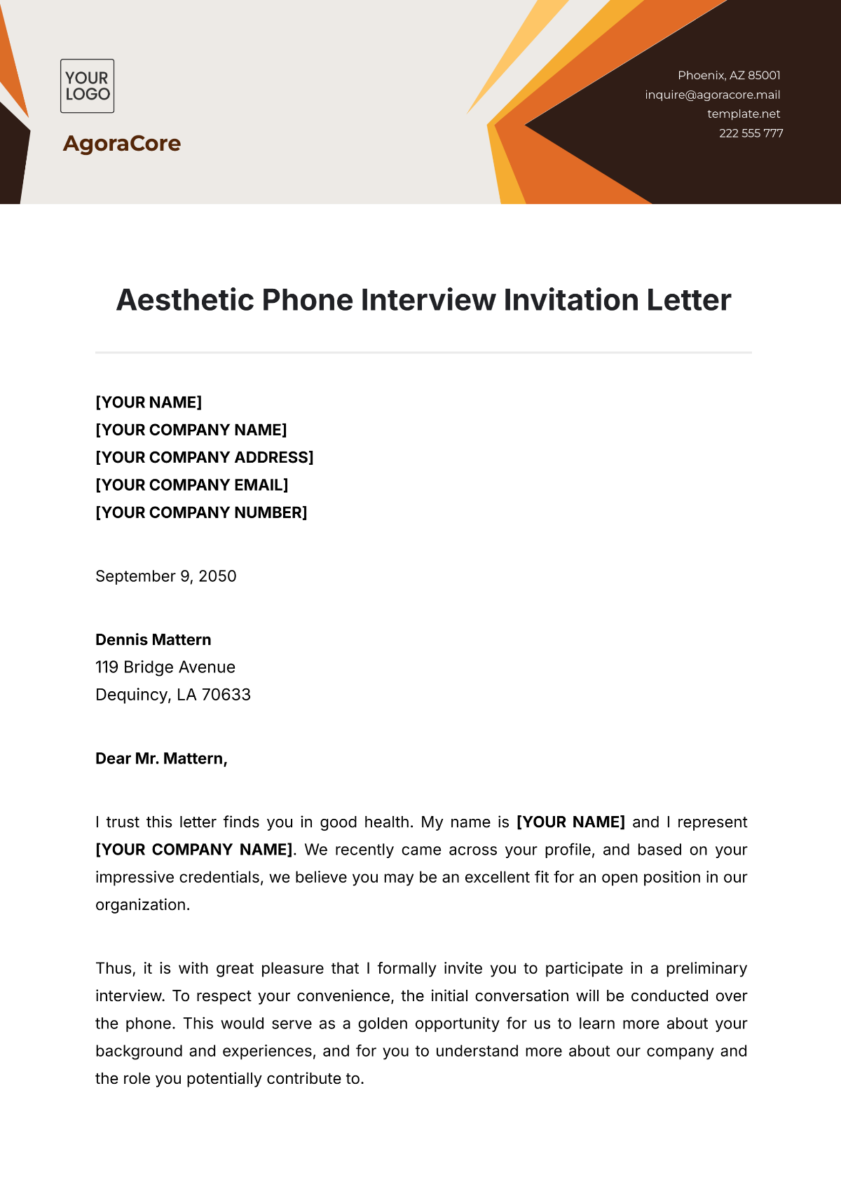 Aesthetic Phone Interview Invitation Letter Template - Edit Online & Download