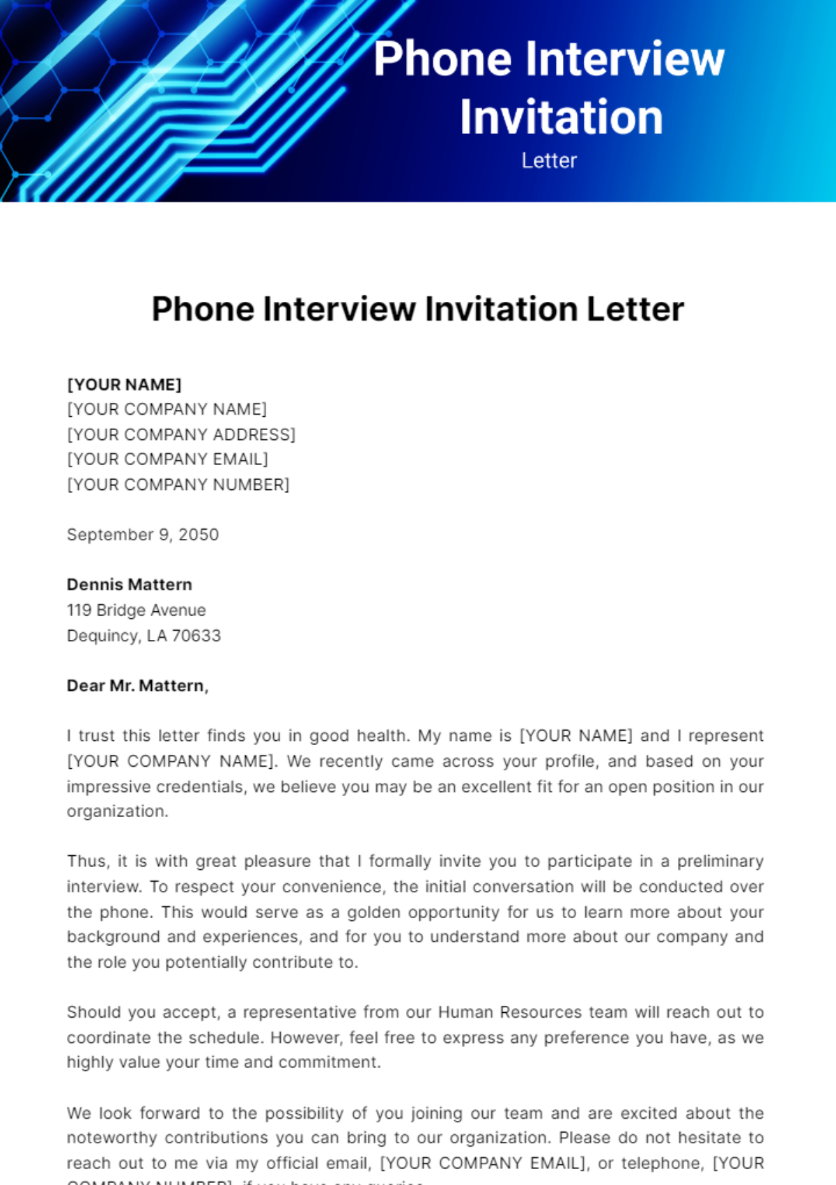 Phone Interview Invitation Letter Template - Edit Online & Download