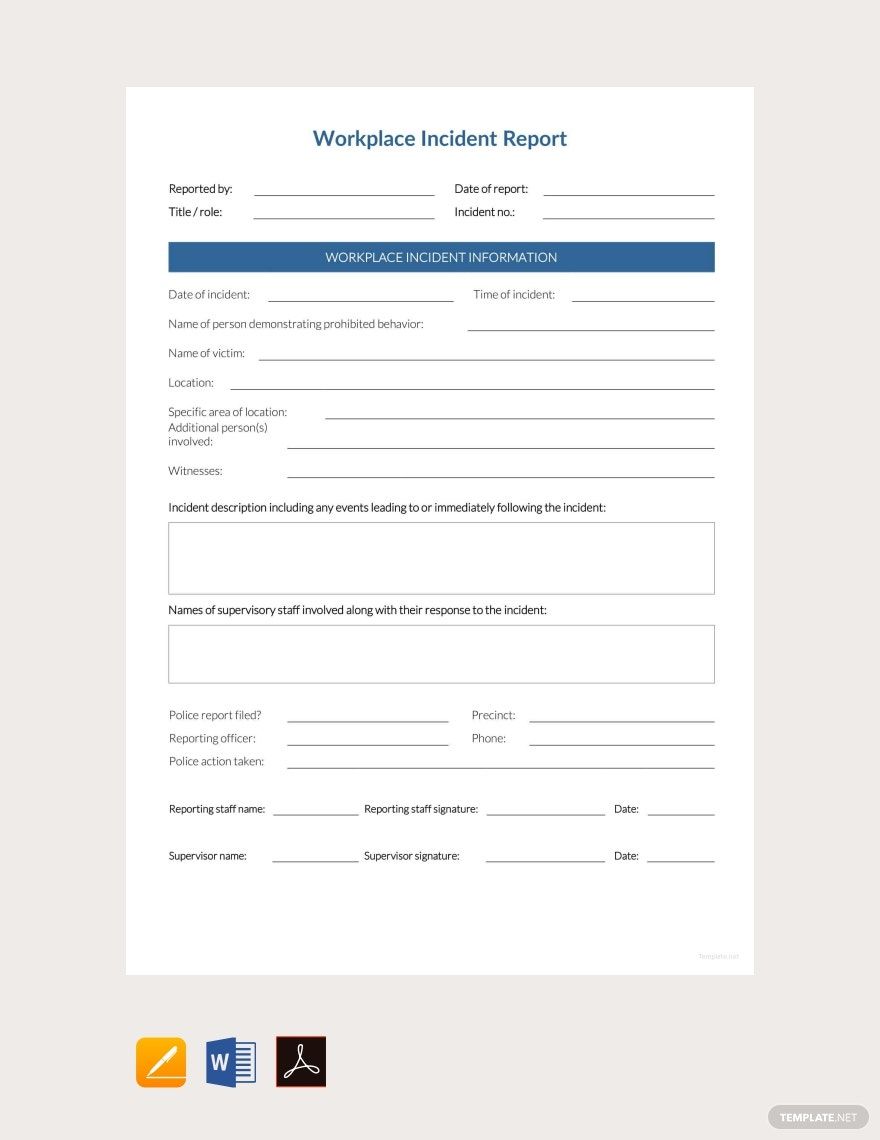 Simple Workplace Incident Report Template In Word PDF Pages Google