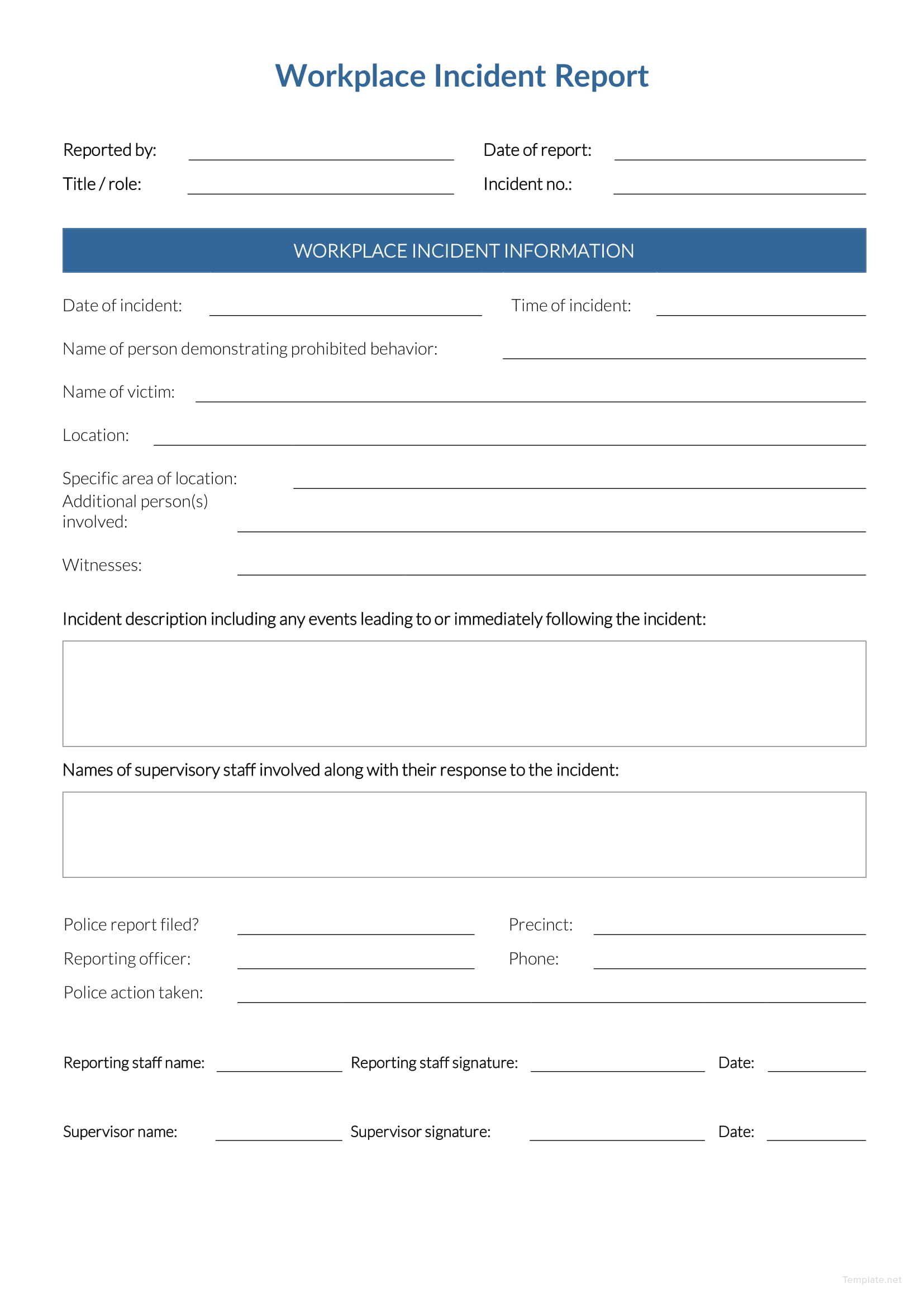 Workplace Incident Report Template in Microsoft word, PDF