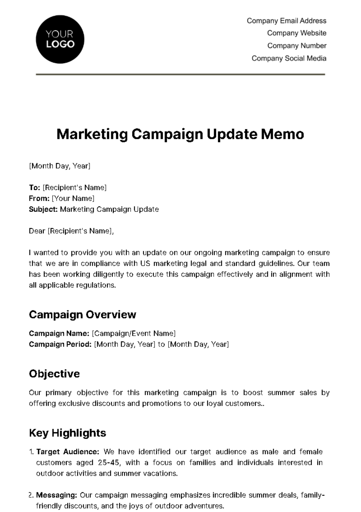 Marketing Campaign Update Memo Template