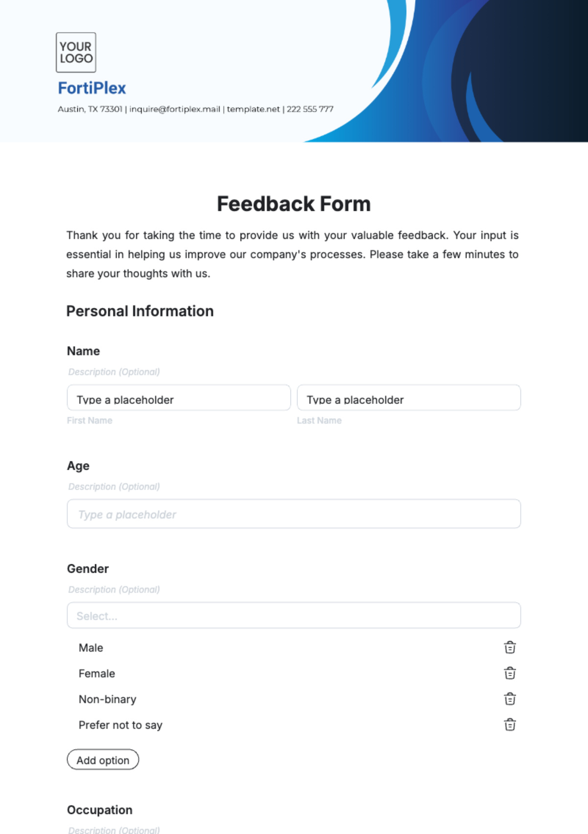 Free Feedback Form HR Template