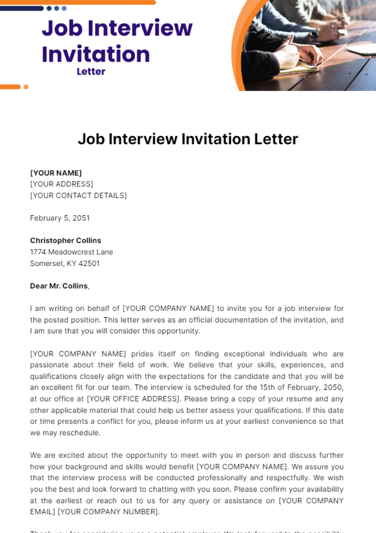 Job Interview Invitation Letter Template - Edit Online & Download