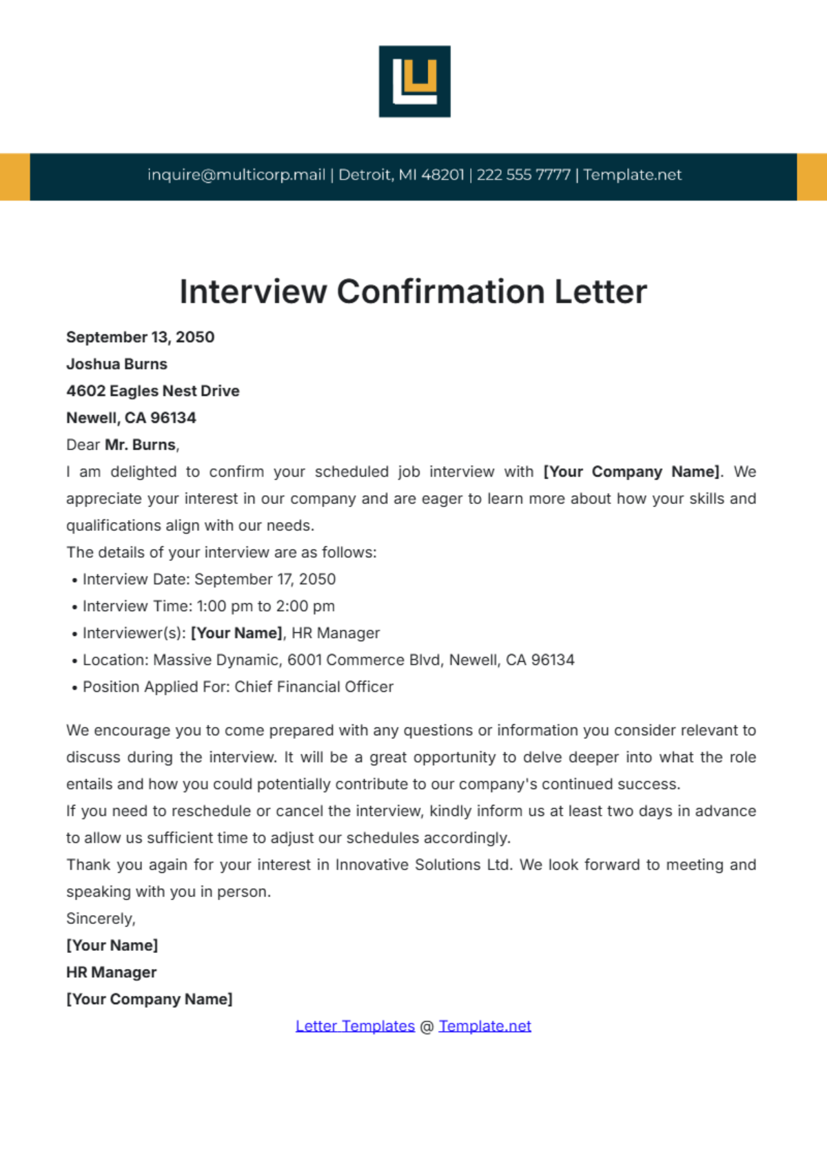 Interview Confirmation Letter Template - Edit Online & Download