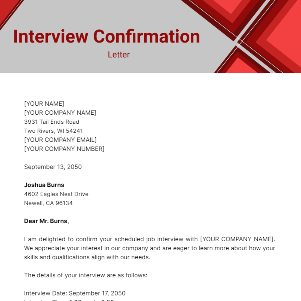 Interview Confirmation Letter Template - Edit Online & Download