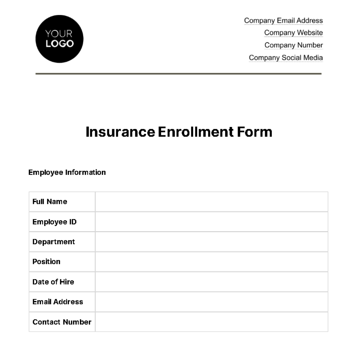 Free Insurance Enrollment Form HR Template