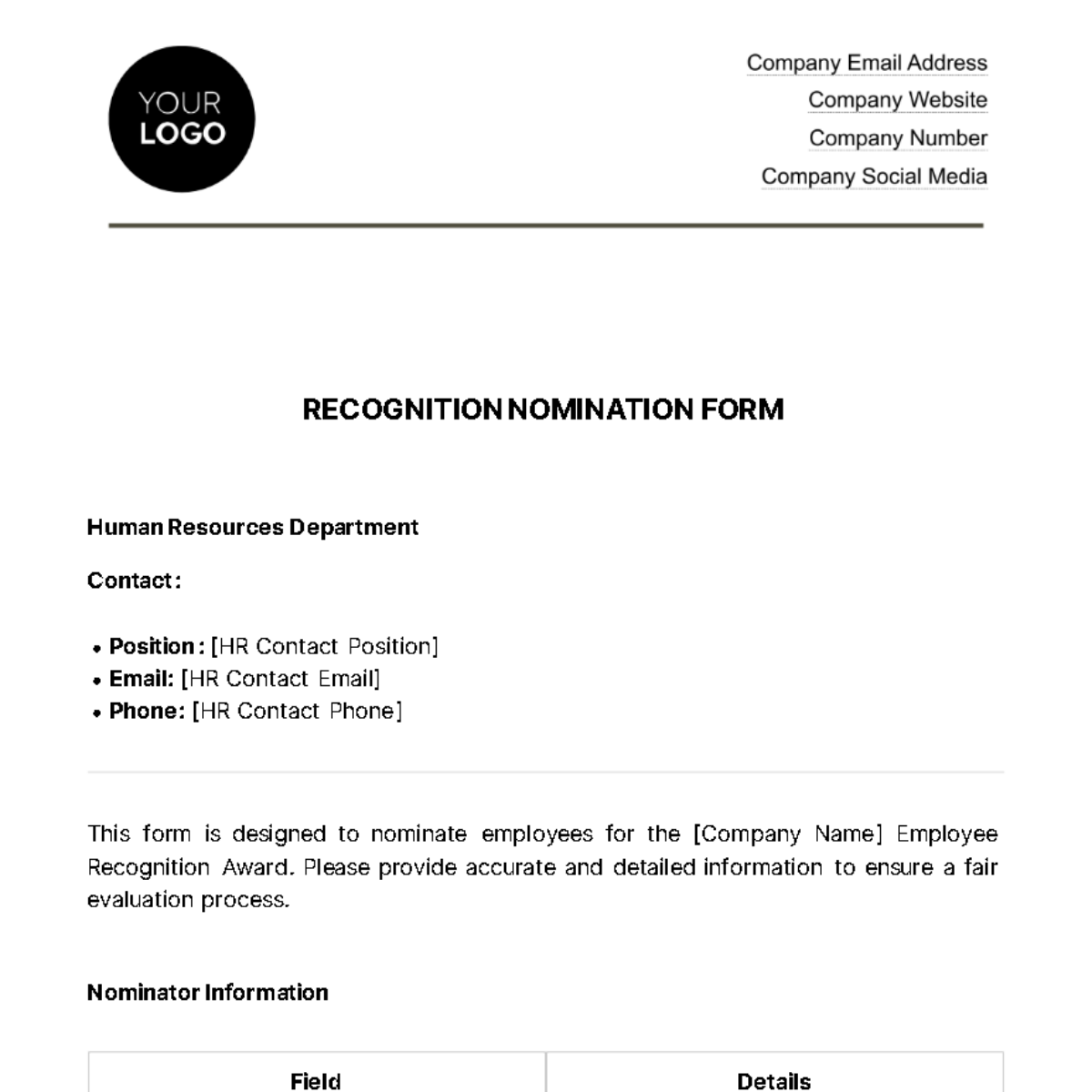 Free Recognition Nomination Form HR Template