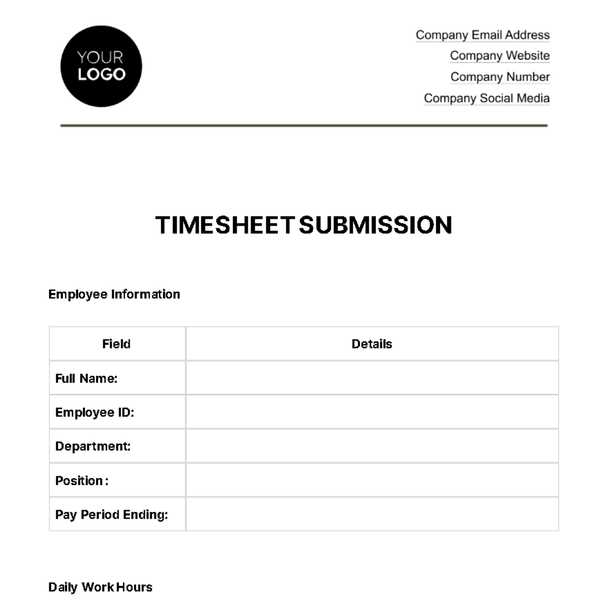 Free Timesheet Submission HR Template