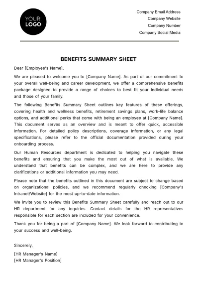 Free Benefits Summary Sheet HR Template to Edit Online