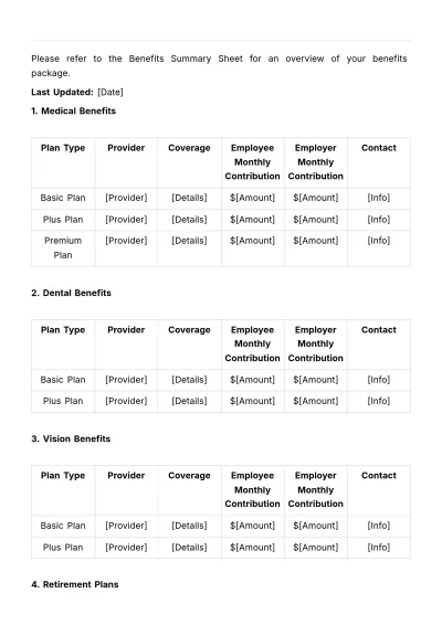 Free Benefits Summary Sheet HR Template to Edit Online