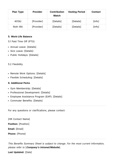 Free Benefits Summary Sheet HR Template to Edit Online